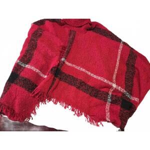 Lola Red Plaid Fringe Poncho Sweater Size Small